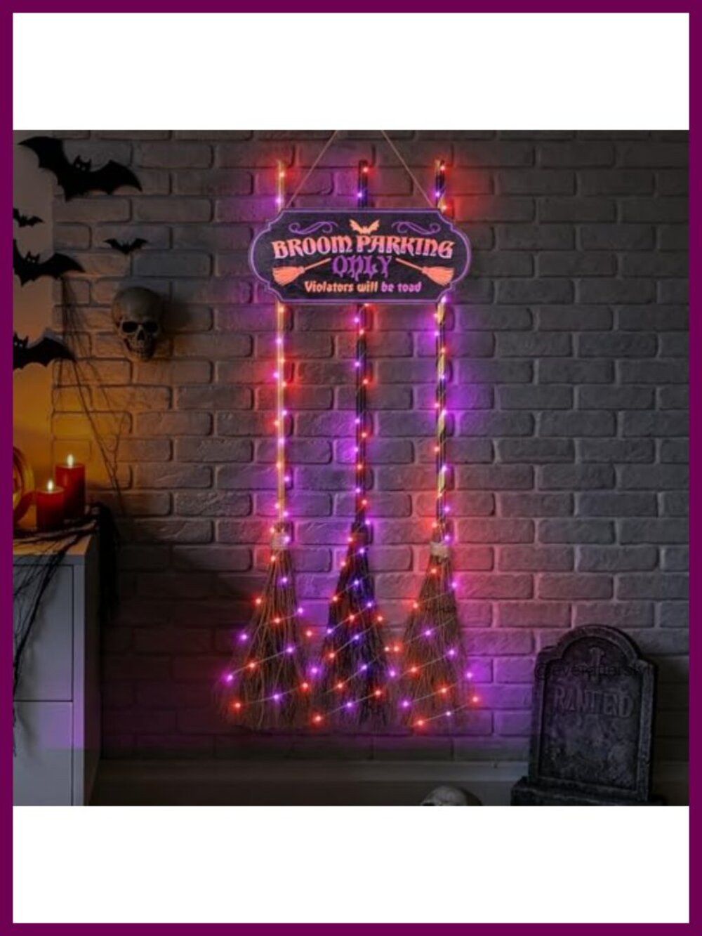 Halloween Broom Parking Sign with 3 Brooms Hanging Lighted Outdoor Decor